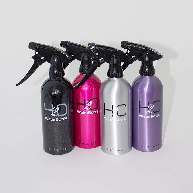 Cricket H2O Water Spray Bottle for Hair Mist – Continuous Stream, Adjustable Nozzle & Stronger Spray Bottles, Durable Aluminum, Refillable for Hair Styling & Barber Use – 13.5 oz, Sparkle Black