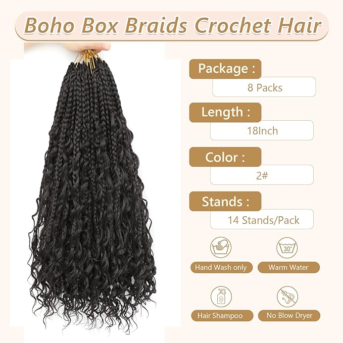 8 Packs Boho Braids Crochet Hair-18 Inch Crochet Box Braids- Bohomian Box Braid Crochet Hair Synthetic Braiding Hair Goddess Box Braids Crochet Hair for Black Women(2#)