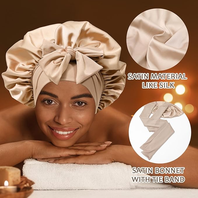 Satin Hair Bonnet with Wide Band Silk Sleeping Bonnets Hair Wrap for Women Girls Night Cap with Tie Band Satin Bonnet (Light Champagne)
