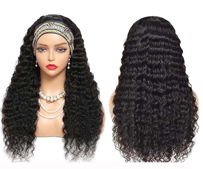 Human Hair Wig Deep Wave 16 Inch Headband Wig Curly Hair Wig Machine Made Wig Non Lace Front for Women Natural Color