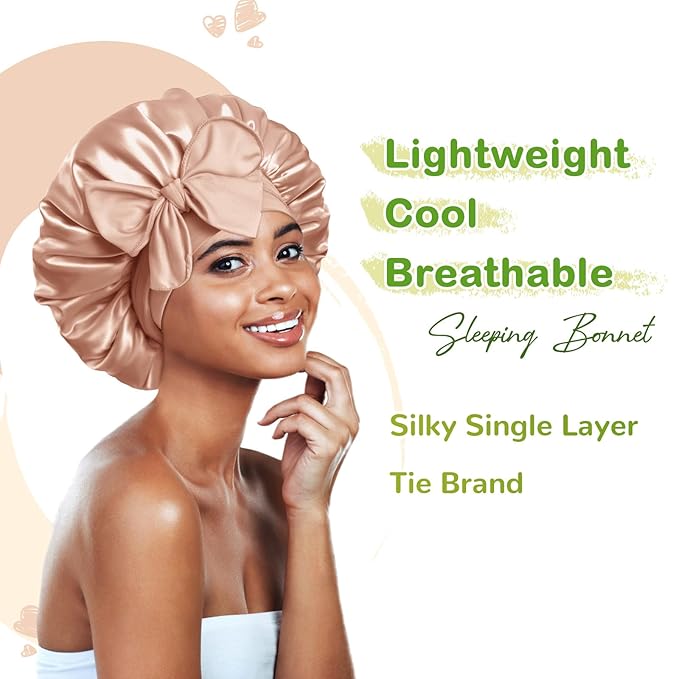 BONNET QUEEN Silk Bonnet for Sleeping Women Satin Bonnet Night Sleep Cap Wrap for Curly Hair with Adjustable Tie Band, Single Layer, Champagne