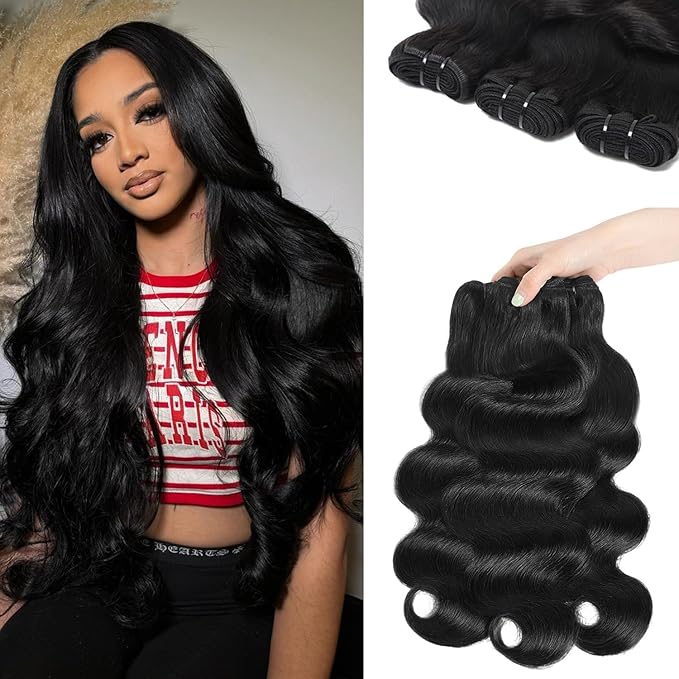 Body Wave Bundles Human Hair Brazilian Hair 3 Bundles Human Hair for Women 22 24 26 Inch 12A Grade 100% Unprocessed Body Wave Bundles Hair Extensions Natural Black