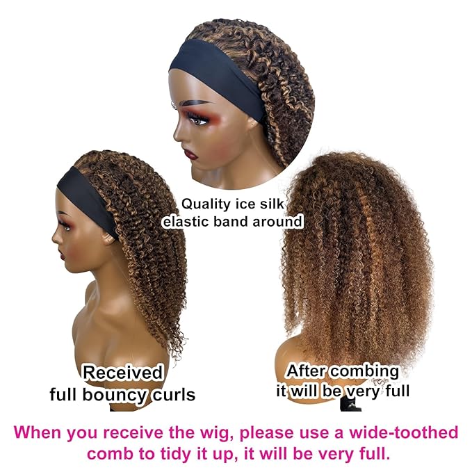 Ombre Highlight Headband Wig Human Hair #4/27 Colored Kinky Curly Headband Wig for Black Women Glueless None Lace Front Human Hair Wigs Brazilian Virgin Hair Wear and Go Wigs 150% Density 14 Inch
