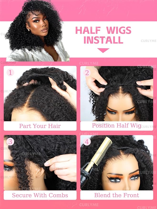 Curlyme Kinky Curly Half Wig Human Hair 3 In 1 Seamless Flip Over Half Wigs Human Hair Glueless Wear and Go Invisible Hairline Kinky Curly Wig Drawstring Headband Wig for Women 20 Inch
