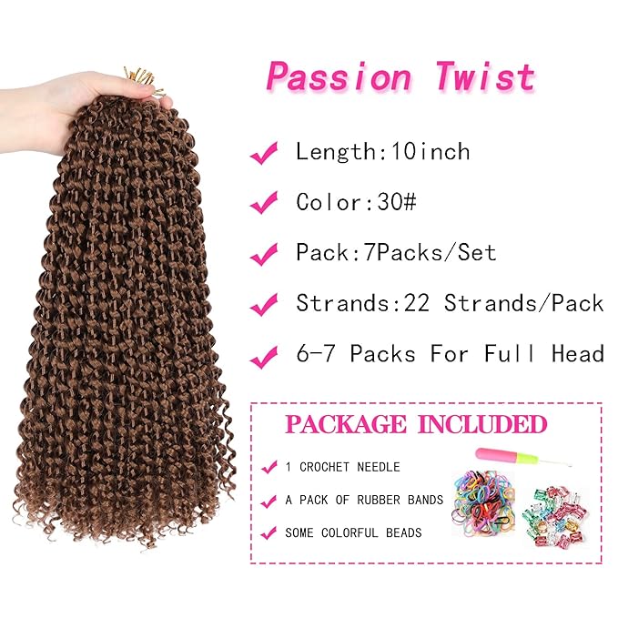 10 Inch Passion Twist Hair, Brown Water Wave Crochet Hair 22 Strands/Pack Passion Twist Crochet Hair For Women Short Passion Twists Braiding Hair Curly Braiding Hair (10 Inch (Pack of 7), #30)