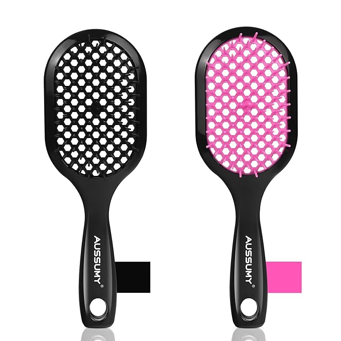 Vented Detangling Hair Brush - 2 Pack Detangler Hairbrush for Effortless Tangle Removal - Ultra-Soft Bristles -For Natural Curly Straight Wet Dry Damaged Hair for Women Men Kids - Black & Pink