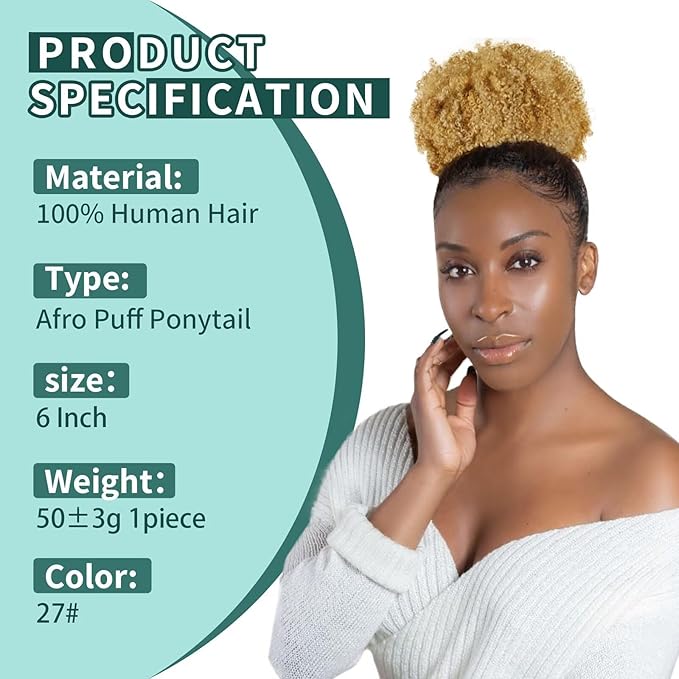 Afro Puff Clip On Human hair Drawstring Ponytail for Black Women,Ponytail Extension 6 Inch #27 Honey Blonde 50g Short Afro Kinkys Curly Afro Bun Extension Hairpiece