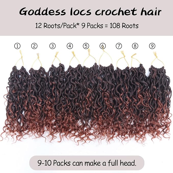 Goddess Locs Crochet Hair,8 Inch 9 Packs Faux Locs Synthetic Crochet Hair for Black Women, Boho Style Pre looped crochet with Curly Ends