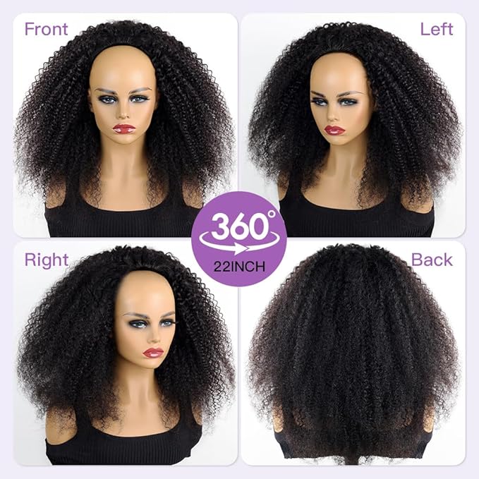 Ali Grace Kinky Curly Half Wig Human Hair 250% Density 3 In 1 Drawstring Seamless Flip Over Half Wigs For Women Glueless Wigs Beginner Friendly Half Curly Human Hair Wig 22 Inch (Black, 22inch)