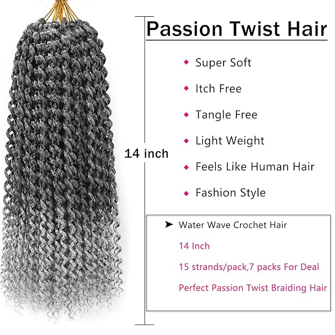 Grey Passion Twist Hair 14 Inch, 7 Packs Water Wave Crochet Hair Wrap Braiding Hair For Passion Twist Crochet Hair/Butterfly Locs/Spring Twist Crochet Braids Hair Extension(14in, T1B/Grey)