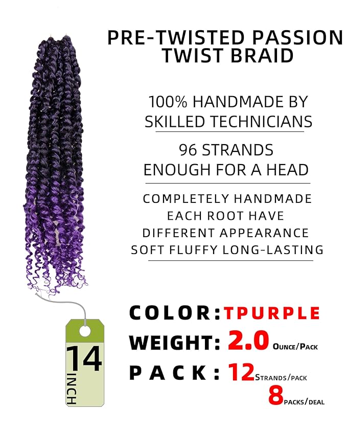 crochet twists pre looped-14 Inches 8 Packs Passion Twist Crochet Hair for Black Women and Kids-Omber Purple,Soft Lightweight Hair Extension(14"-8 Packs,T1B/Purple)