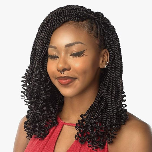 Leeven 8 Packs Wavy Senegalese Twist Crochet Hair with Curly Ends, 14 Inch Black Pre Looped Short Crochet Braids, Pre Twisted Small Hanava Twist, Synthetic Braiding Hair for Women Girl Kids