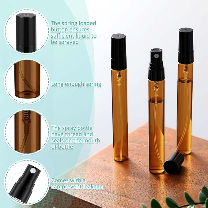 Zhehao 25 Pcs Mini Spray Bottles 10 ml Clear Glass Perfume Bottles Refillable Fine Mist Perfume Atomizer Portable Empty Sample Containers for Cleaning, Essential Oils, Travel (Amber)