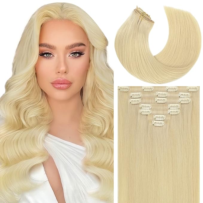 Caliee Platinum Blonde Clip-in Hair Extensions 60A 22Inch 110G Full Head Seamless Real Human Hair Extensions 7Pcs Fluffy Not Tangled Thick Clip-on Extensions Natural Hair for Women