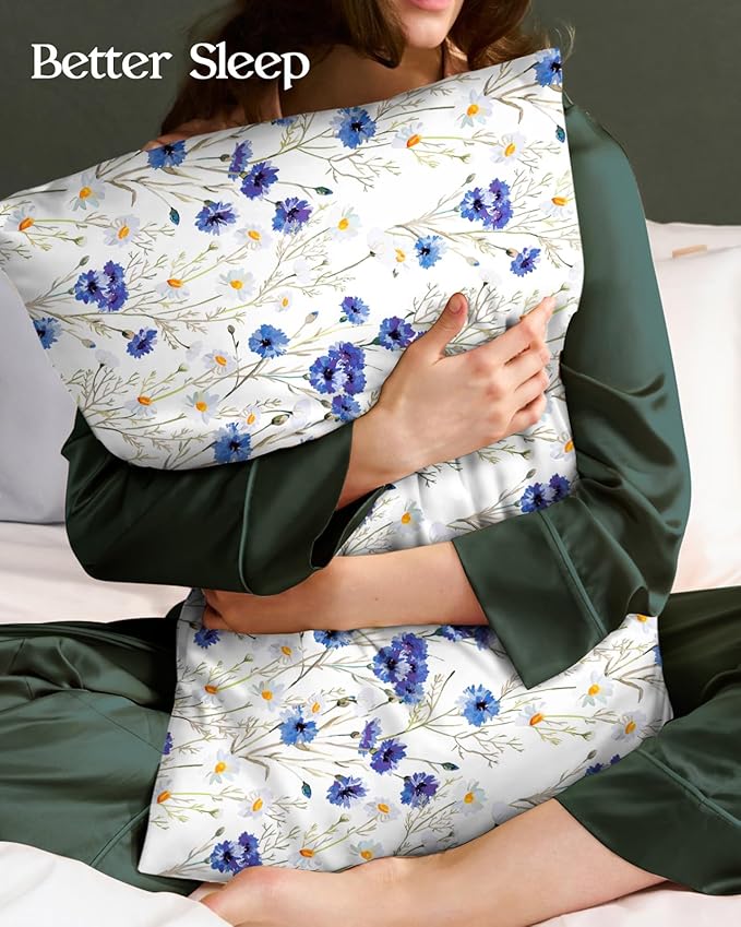 Silk Pillowcase 2 Pack - Pillow Cases 20" x 30" Queen Size Set of 2 for Hair and Skin Smooth Soft Breathable with Hidden Zipper Cooling Pillow Covers for Sleeping,Blue Daisy