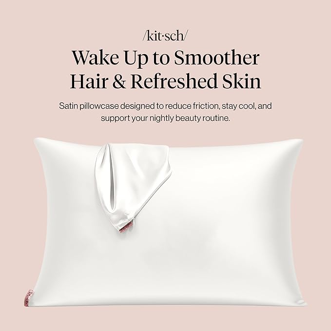 Kitsch Satin Pillowcase with Zipper for Hair & Skin, Softer Than Silk Pillow Cases Queen Size Set of 2, Wrinkle-Free, Smooth and Cooling Satin Pillow Covers, Standard Size 19"x26" - Ivory, 2pcs
