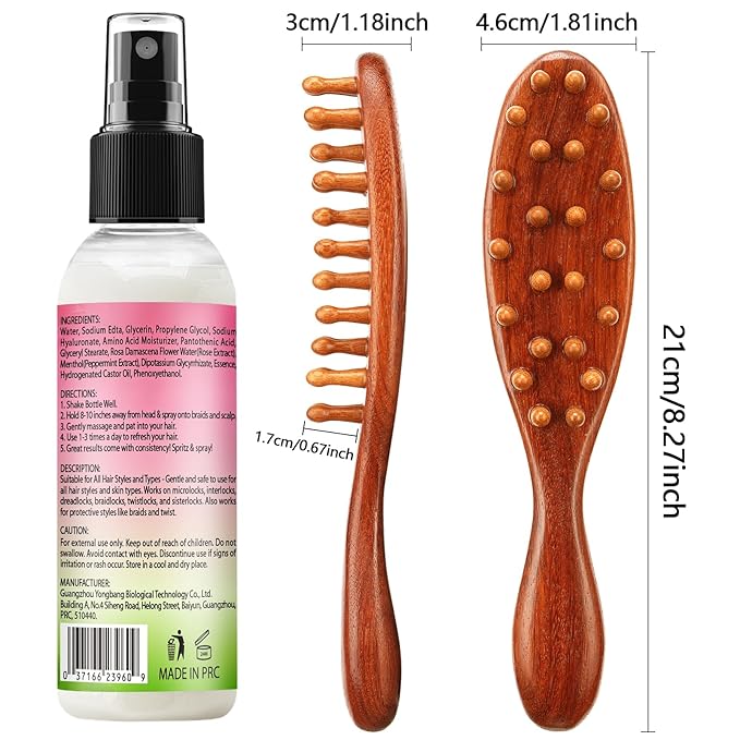Rose Water for Hair Loc Spray Refreshing for Locs - Rose Water Hair Scalp Moisturizer Hydrating Dreadlock Rosewater & Peppermint Spray - Loc Brush for Dreads Comfortable Massage Wide Tooth Comb (2PCS)