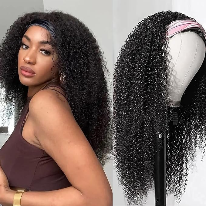 XSY Headband Wig Human Hair Kinky 28 Inch Brazilian Virgin Headband Wigs for Black Women 150% Density Natural Color