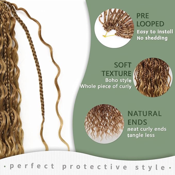 Wassai 18 Inch 7 Packs Boho Box Braids Crochet Hair for women Goddess Box Braids with Curly Ends Bohemian Crochet Braids Synthetic Braiding Hair Extensions, M33/30/27