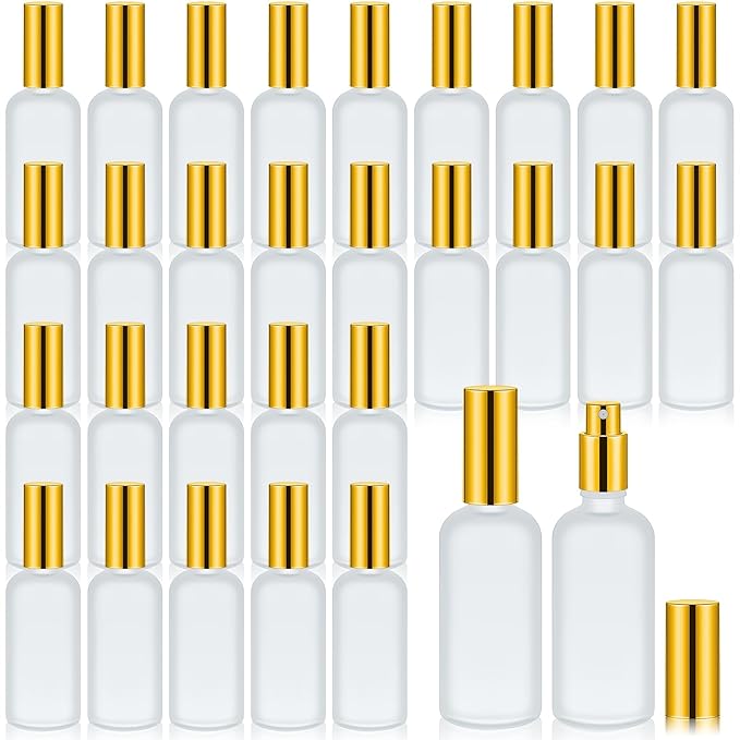 Roshtia 30 Pcs 3.4 oz/ 100 ml Gold Glass Spray Bottle Refillable Frosted Perfume Atomizer Clear Decorative Empty Bottles with Fine Mist Sprayer Pump for Face Body Travel