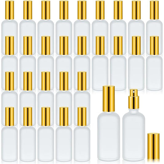 Roshtia 30 Pcs 3.4 oz/ 100 ml Gold Glass Spray Bottle Refillable Frosted Perfume Atomizer Clear Decorative Empty Bottles with Fine Mist Sprayer Pump for Face Body Travel