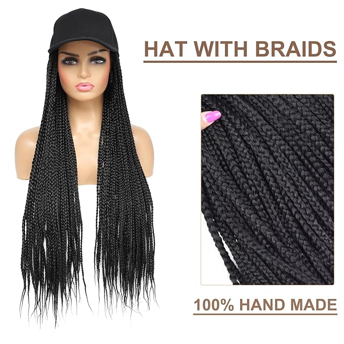 Hat Wig for Women Baseball Cap with Braided Hair Attached Synthetic Black Box Braid Wig Hat Adjustable Cap with Braids for Daily Outdoor Use (B-Black)