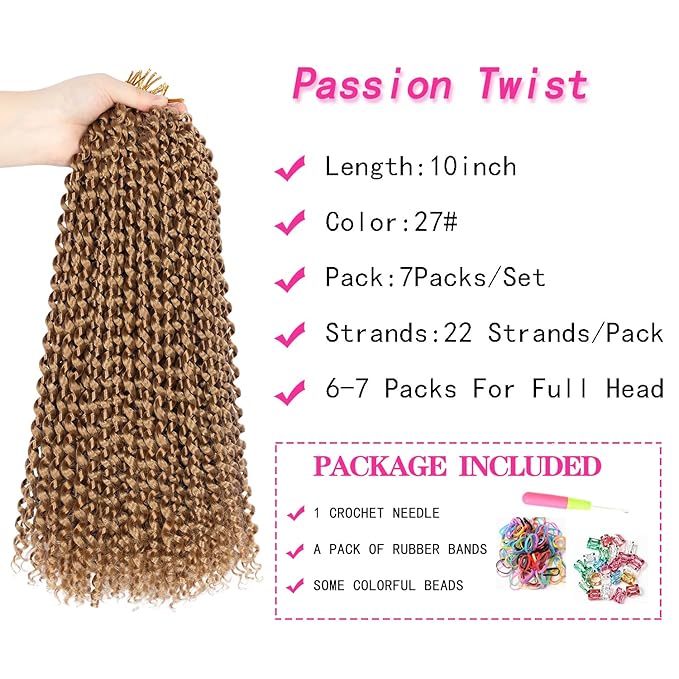 Ubeleco Blonde Passion Twist Hair,10 Inch Water Wave Crochet Hair For Women Short Passion Twist Crochet Hair Passion Twists Braiding Hair Curly Braiding Hair Extensions (10 Inch (Pack of 7), #27)
