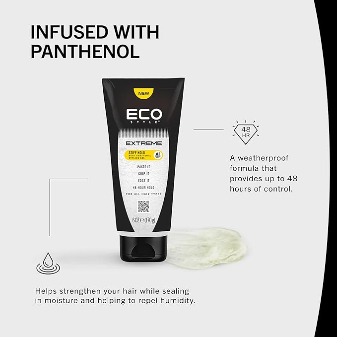 Eco Style Extreme Stiff Hold Gel — Maximum Hold Styling Gel for Textured Hair, Long-Lasting Definition and Control, Alcohol-Free Formula, 6 oz