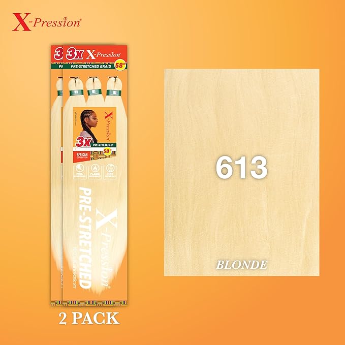 Sensationnel X-pression prestretched braiding hair - 3x braid 58 inch all kanekalon flame retardant synthetic braid for box braids and twists (2 pack, 613 BLONDE)