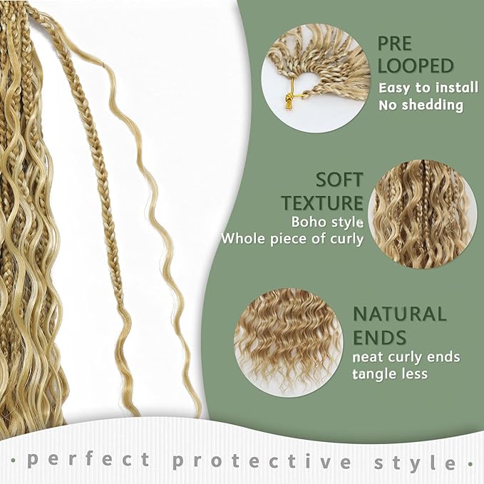 Wassai Boho Crochet Box Braids, 18 Inch 7 Packs, P27/613, Pre-Looped, Curly Ends, Easy Install, Tangle Free, Lightweight, Suitable for Women & Kids