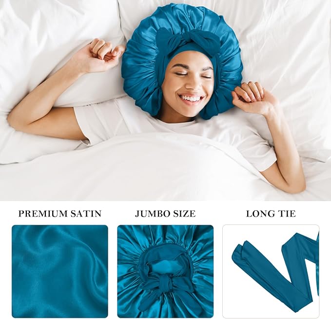 3Pcs Bonnets for Sleeping, Extra Satin Silk Bonnet for Sleeping Women with Tie Band for Curly Hair Jumbo Bonnet Braids