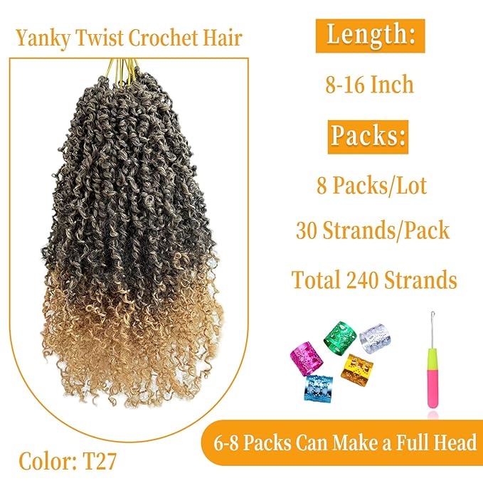 12 Inch Pre-Looped Yanky Twist Crochet Hair, 30 Strands/Pc, Mini Passion Twists, Senegalese Braiding Hair (T27, 8 Pcs/Pack)