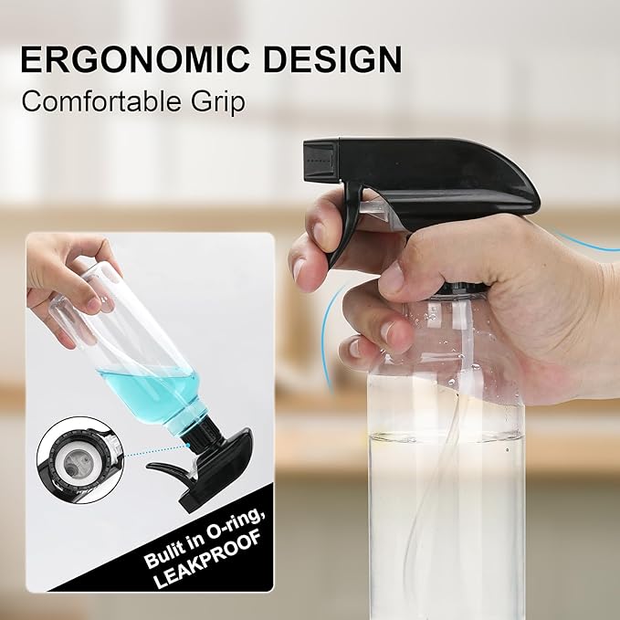 Plastic Spray Bottle 16.9oz Empty Spray Bottles Refillable Container Trigger Sprayer for Cleaning Solutions, Water, Plants, Pet, Essential Oils, Hair, 2 Pack (BlackClear)