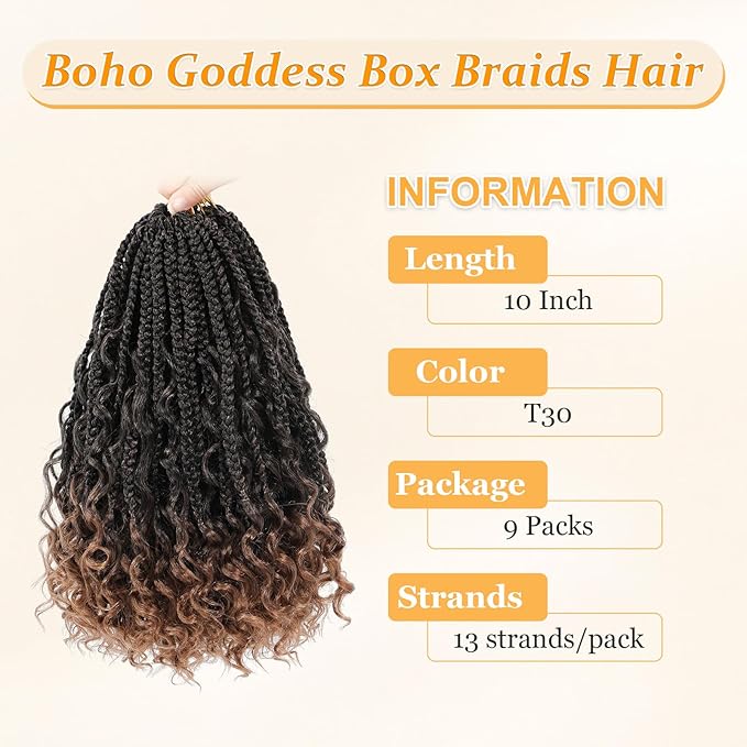 Goddess Box Braids Crochet Hair 10 Inch Boho Crochet Box-Braids With Curly Ends, 9 Packs Bohomian BoxBraids CrochetHair For Black Women Pre Looped Boxes Braid Crochet-Hair (10Inch 9 Packs,T30)