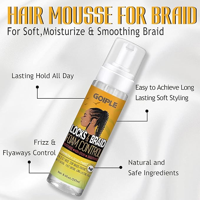 Braid Foam Control Braid Mousse for Braids Twist, Locs, No Flake Extra Hold High Shine Style and Moisturizes, Hair Braiding Mousse for Braids Lightweight Easy to Apply 8fl oz