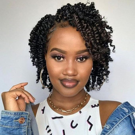 ZRQ Short 8 Packs Pre-twisted Bob Passion Twist Crochet Hair with Curly Ends 6 Inch Pre looped Black Passion Twists Hair 12 Roots/Pack Synthetic Bohemian Crochet Braids Hair for Black Women 1B#
