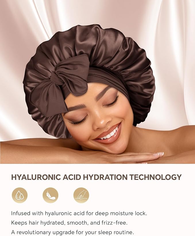 Silk Bonnet for Sleeping Women Double Layer Hyaluronic Acid Satin Bonnet with Adjustable Tie Band Sleep Cap for Curly Hair