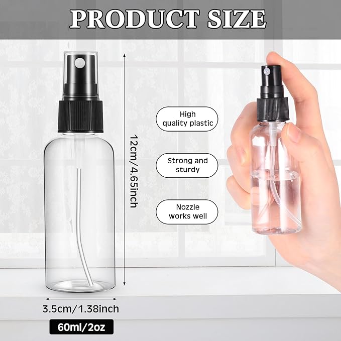 Roshtia 100 Pcs 2 oz Plastic Mini Spray Bottles with Black Cap Clear Empty Fine Mist Spray Bottles Refillable Liquid Container for Essential Oils Perfumes Travel Makeup