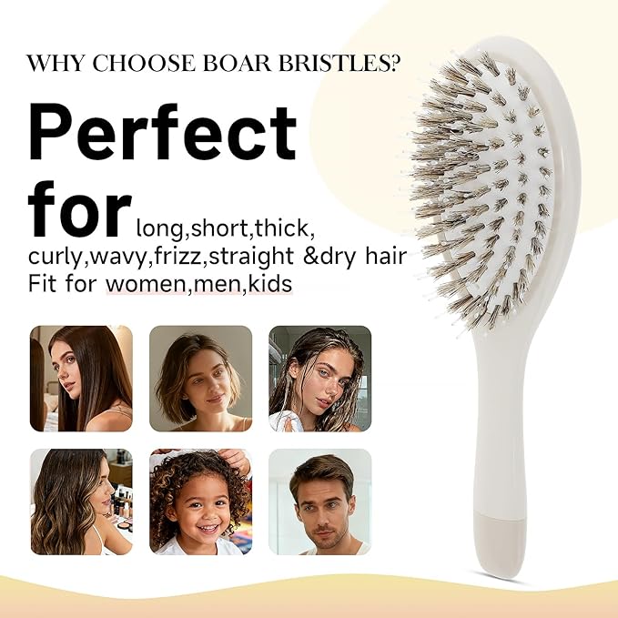 Boar Bristle Hair Brush -boar bristles + nylon pins， Smoothes & Detangles All Hair Types, Hairbrush for Women, Men & Kids, Distributes Oils for Natural Shine & Stimulates Scalp