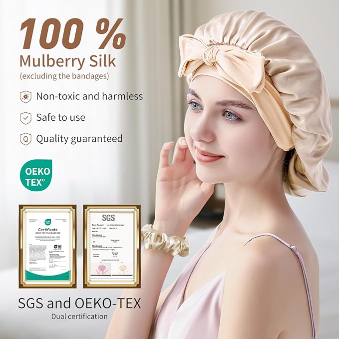 Silk Bonnet for Sleeping Women, 22 Momme 100% Mulberry Silk Sleep Cap with 2 Matching Silk Scrunchies, Double-Sided Wearable Hair Bonnet for Night Hair Care and All Hair Types - Light Gold