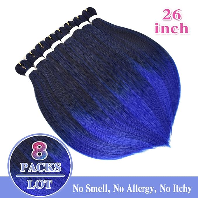 8 Pack Ombre Braiding Hair Pre Stretched - 26" 100G/Pack Premium Pre Stretched Braiding Hair Extensions, Professional Itch Free Hot Water Setting Perm Yaki Texture Prestretched Hair(1B/Blue)