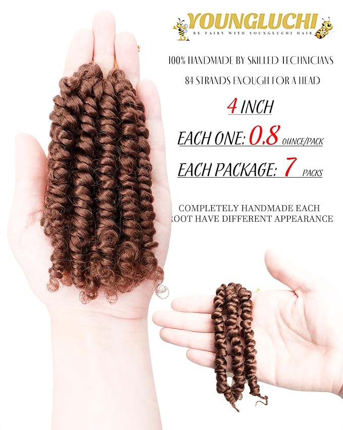4 Inch 7 Packs Super Short Passion Twist Crochet Hair for Black Women and Kids-Pure Brown Pre Looped Pretwisted Soft Hair Extensions,Braided by Synthetic Spring Kinky Twist Bohemian Curl(4"-7P,30#)