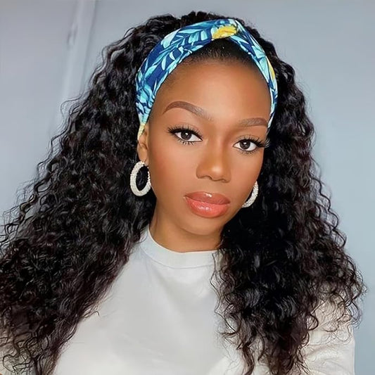 Headband Wig Human Hair Curly 16 Inch Headband Wigs for Black Women Water Wave None Lace Front Virgin Deep Wave Human Hair Natural Color 150% Density