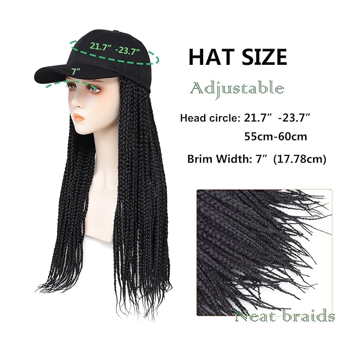 Hat Wig for Women Baseball Cap with Braided Hair Attached Synthetic Box Braid Wig Hat Adjustable Black Cap with Black Braids for Daily Outdoor Use