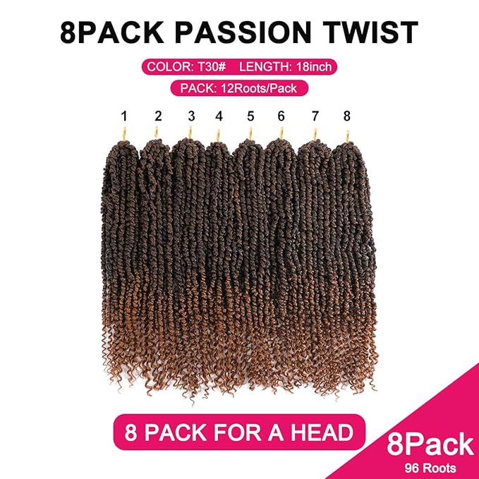Passion Twist Hair - 8 Packs 18 Inch Passion Twist Crochet Hair For Women, Crochet Pretwisted Curly Hair Passion Twists Synthetic Braiding Hair Extensions (18 Inch 8 Packs, T30)
