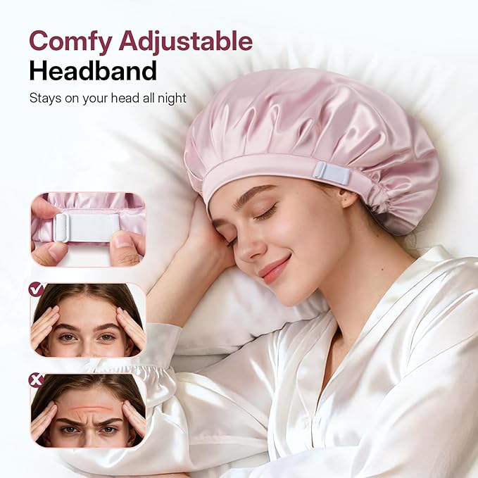 LitBear Silk Satin Bonnet for Sleeping Women, Adjustable Double Layer Hair Bonnet with Scrunchies for Curly Natural Hair, Non Slip Softer Night Sleep Cap Pink