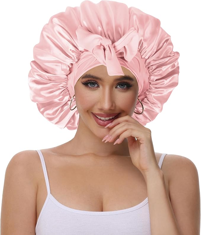 Double Layer Silk Bonnet with Tie Satin Lined Sleep Cap Hair Cover for Women's Curly Natural Hair
