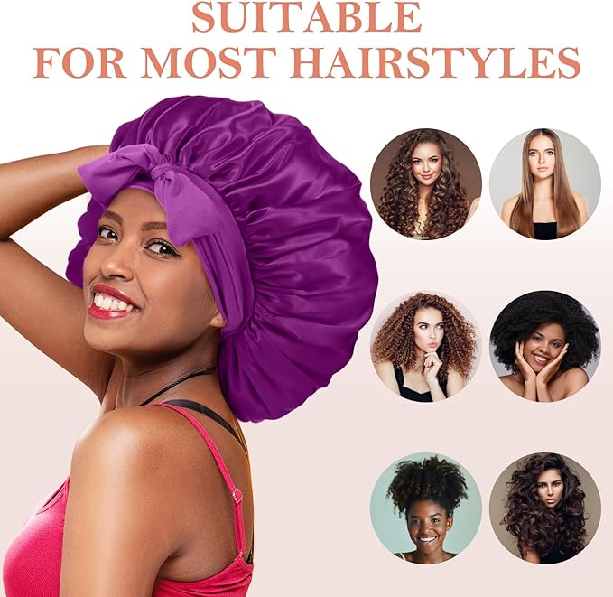 3Pcs Bonnets for Sleeping, Extra Satin Silk Bonnet for Sleeping Women with Tie Band for Curly Hair Jumbo Bonnet Braids