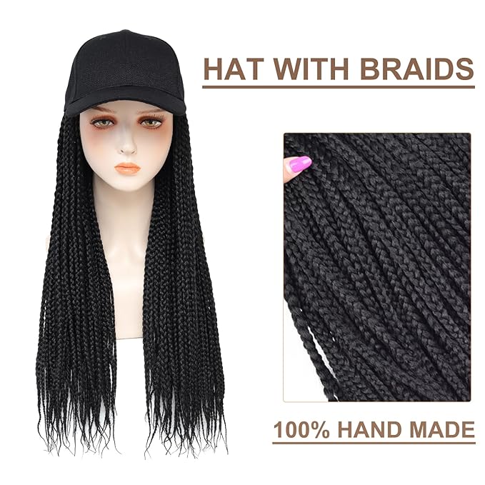 Hat Wig for Women Baseball Cap with Braided Hair Attached Synthetic Box Braid Wig Hat Adjustable Black Cap with Black Braids for Daily Outdoor Use