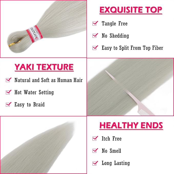 Dorsanee Grey Braiding Hair Pre Stretched 20 Inch 3 Packs Professional Easy Braiding Hair for Crochet Braids Twists Locs Hair Soft Yaki Texture Hot Water Setting Synthetic Hair Extensions